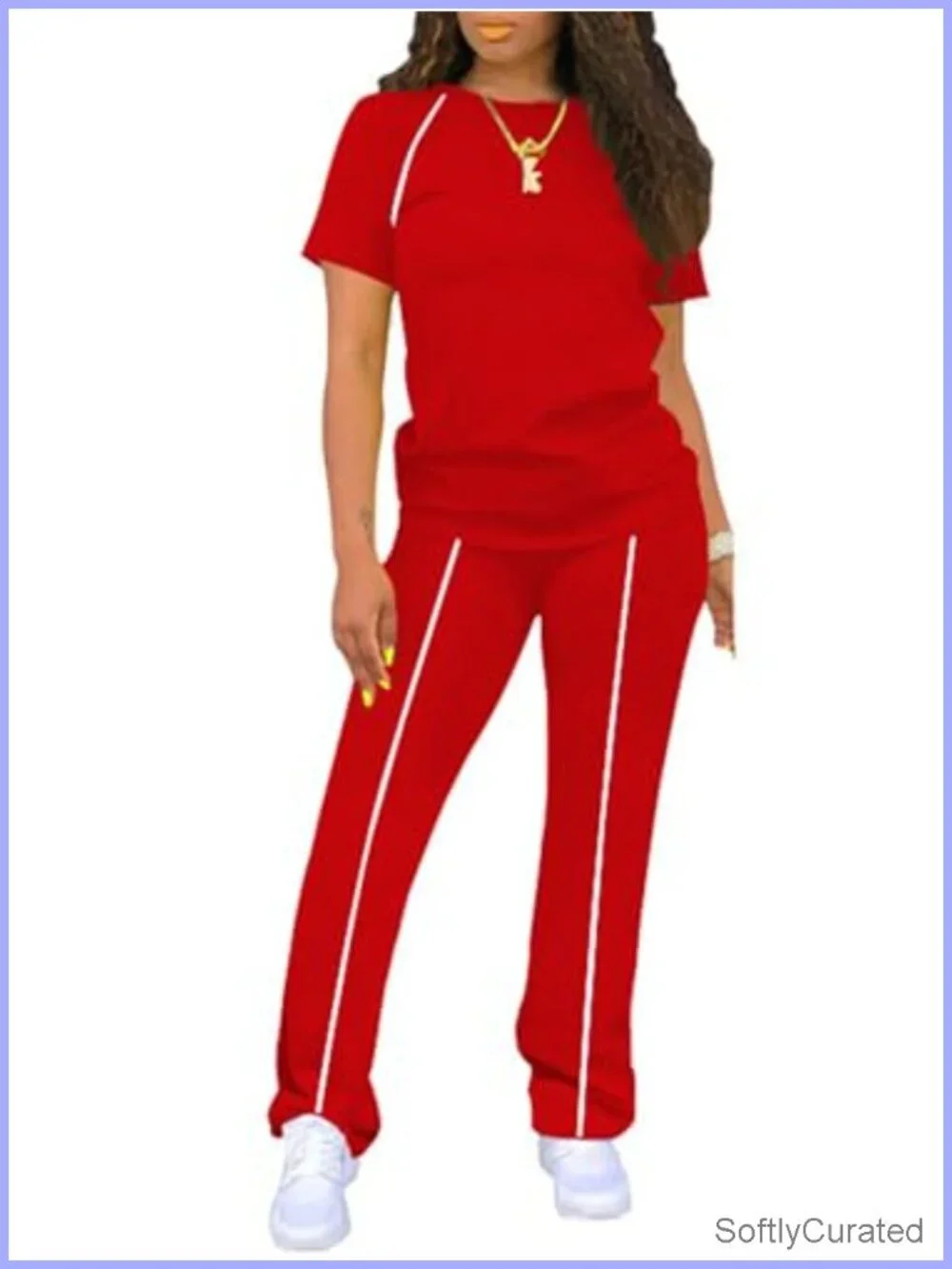 2 Piece Casual Short Sleeve Striped Loungewear Tracksuit Set for Women